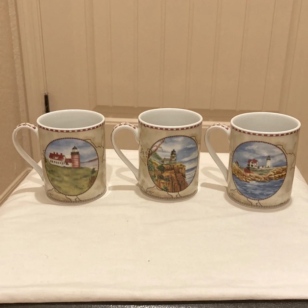 American Atelier at Home Set of 3 Porcelain Lighthouse Mugs Cups Signals 5100